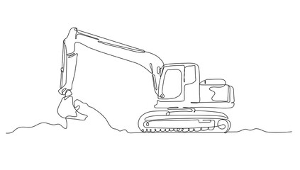 Continuous line art or One Line drawing of excavator for digging soil vector illustration, business transportation. heavy equipment vehicle construction concept. modern continuous line drawing design 
