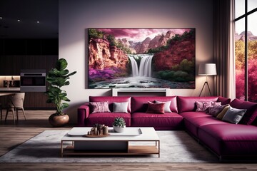Spacious Modern Living Room with Luxurious Magenta Leather Sofa and Wooden Coffee Table