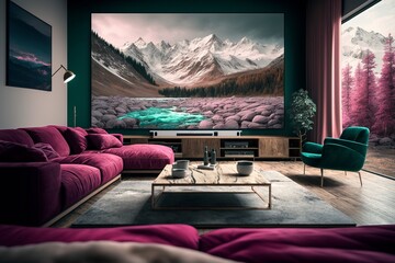 Inviting and Spacious Modern Living Room with Luxurious Magenta Sofa and Wooden Coffee Table