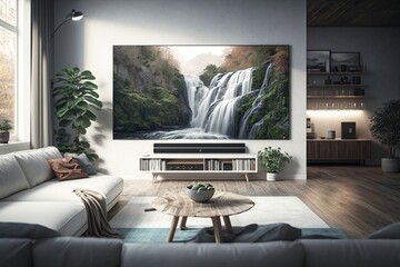 Spacious Modern Living Room with Luxurious Grey Leather Sofa and Wooden Coffee Table