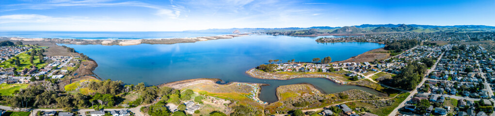 Morro Bay Aerial Panorama. Californan pacific coast. Beautiful scenic shot of the bay