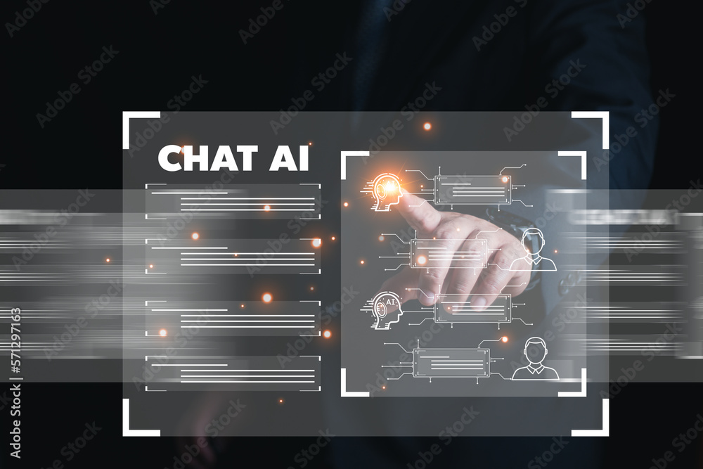 Poster businessman touching the brain working of artificial intelligence (ai), chat gpt chat with ai artifi