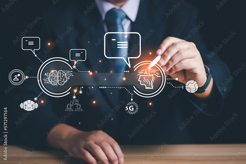 Poster businessman touching the brain working of artificial intelligence (ai), chat gpt chat with ai artifi