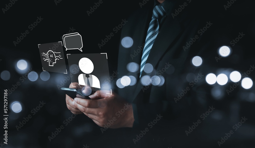 Poster businessman using technology smart robot ai, chat gpt chat with ai artificial intelligence, develope