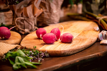 Beautiful, fresh radishes, garlic, celery, rhubarb, thyme, mint, sorrel, dill, oregano on a board. Still life on a table of vegetables, herbs and spices. The vegetable garden 