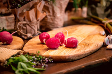 Beautiful, fresh radishes, garlic, celery, rhubarb, thyme, mint, sorrel, dill, oregano on a board. Still life on a table of vegetables, herbs and spices. The vegetable garden 