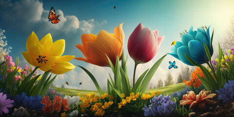 Obraz na płótnie Canvas Springtime Flowers and Nature in a Colorful Cheerful Display. Generative AI Illustration.