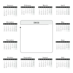 Square format Celandar for year 2023 in neutral black and white design