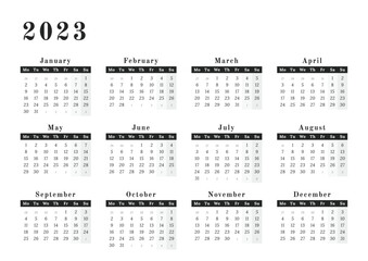 Horizontal Calendar for year 2023 in neutral black and white design