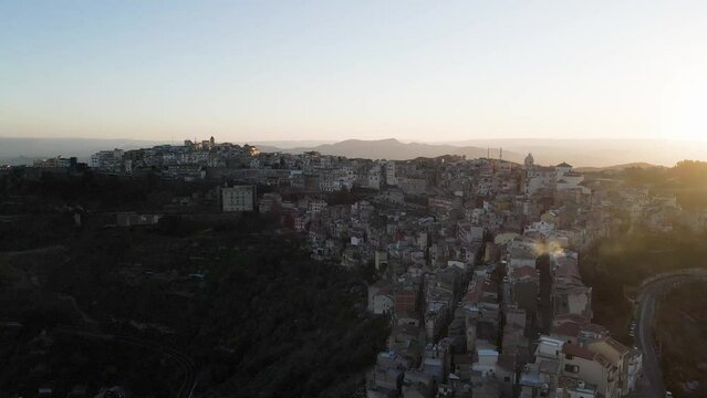 Aerial view of Centuripe, a small town on mountain crests in Enna province, Sicily, Italy.