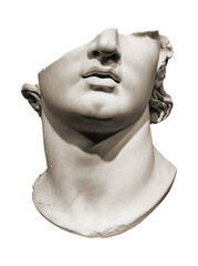 Antique broken marble head of a Greek youth isolated - obrazy, fototapety, plakaty