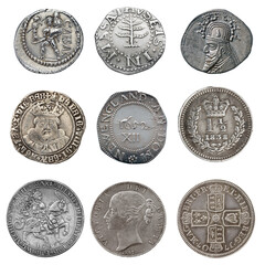 Ancient silver coin collection isolated