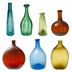 Old colorful glass bottle collection isolated