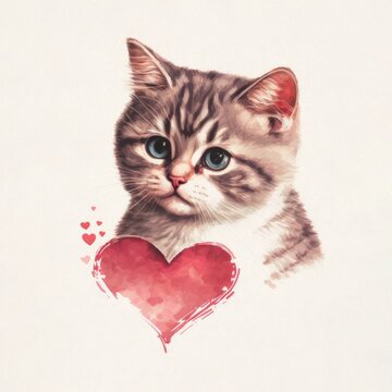 Vintage style cat and heart illustration. Created using generative AI and image editing software.