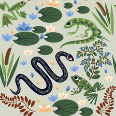 Seamless pattern with snake, lizard and frogs in the swamp