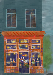 Cafe illustration. Raster magazine image for an article about a coffee shop and a bakery