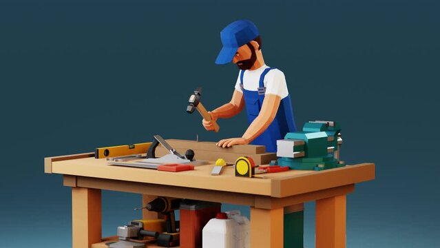 3d worker hammers a nail. Handyman works on a workbench with tools. 3d looped animation.