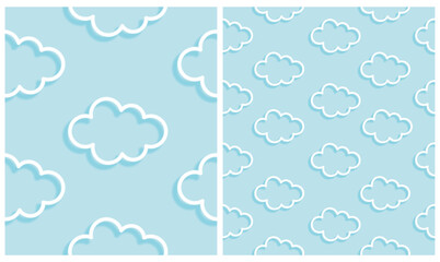 Cute Baby Shower Vector Seamless Pattern with White Glowing Neon Clouds on a Pastel Blue Background. Modern Baby Boy Party Repeatable Print with Big Fluffy Clouds ideal for Wrapping paper, Fabric. 