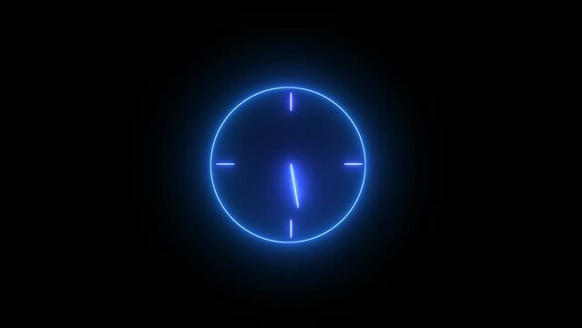 Analog  glowing clock animation , 12 hour loop. neon clock ,  Counting down clock isolated animated.