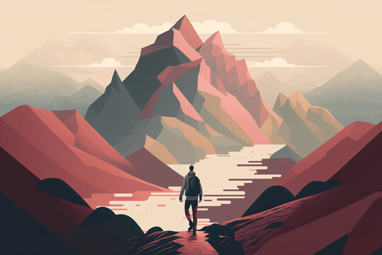 Generative ai minimal travel landscape mountain illustration with wanderlust traveller walking.