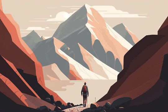Generative ai minimal travel landscape mountain illustration with wanderlust traveller walking.