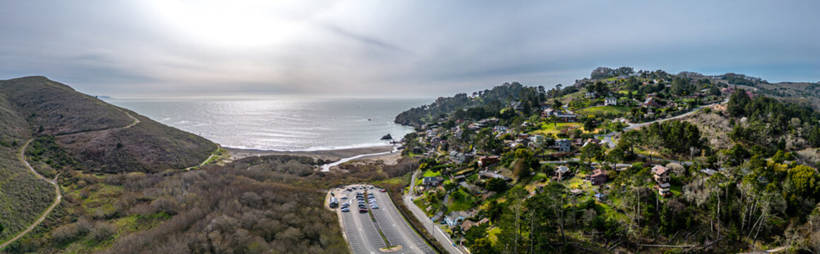 Muir Beach Aerial Shot. Beach Pacific Ocean. Scenic Shot of costal town