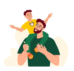 Happy Smiling Father and Son Playing.Young Adult Parent.Baby Boy Sitting on Dad Shoulders.Man Communicate with Child.Boy trust Caring Papa.Family Relatives Have Fun Together.Flat Vector Illustration