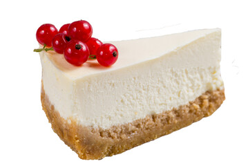 Cheesecake with red currants. Triangular piece of curd cake