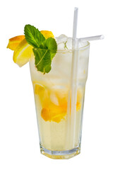 Lemonade with lemon slices and mint in a tall glass. Yellow cocktail with citrus