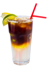Glass of cold Cola and clear tonic cocktail. Cocktail lemonade with citrus and mint and cola