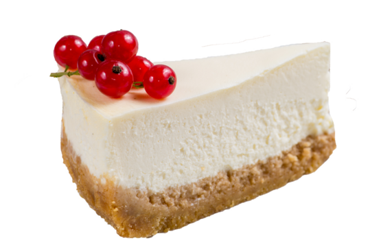 Cheesecake with red currants. Triangular piece of curd cake