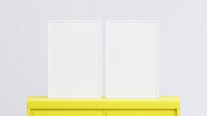 Vertical frame for mock up. White frame poster on yellow table. A4, A3 size.