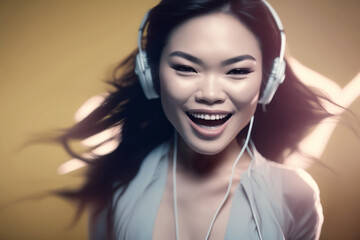 Generative ai young asian woman with headphones listening music and singing
