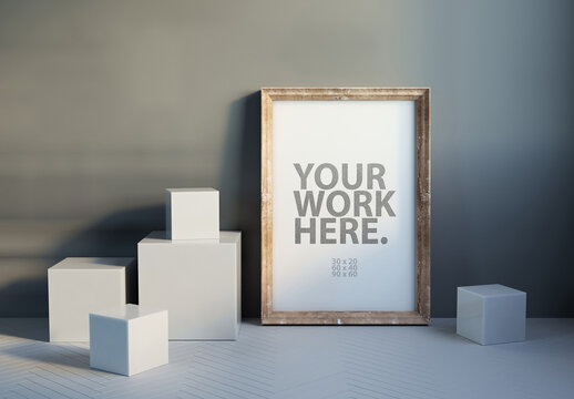Vertical wooden poster Frame Mockup in the room with white cubes