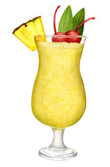 Watercolor drawing of a pina colada cocktail. Cherries, a piece of pineapple, a glass glass. The concept of soft drinks. Drawn by hand.