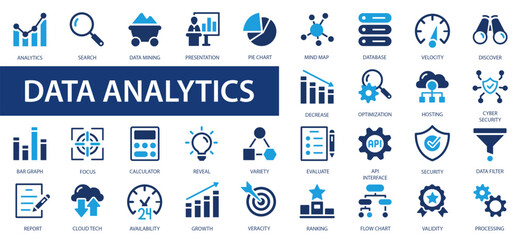 Data analysis icon set. Graphs, statistics, analytics, analysis, big data, growth, chart, research, UI, UX, GUI and more flat icon. - obrazy, fototapety, plakaty