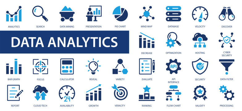 Data analysis icon set. Graphs, statistics, analytics, analysis, big data, growth, chart, research, UI, UX, GUI and more flat icon.