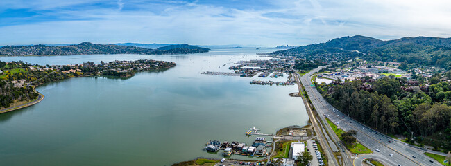 Sausalito Aerial Shot. San Francisco, Bay Area, Pacific Ocean. Scneic Panorama