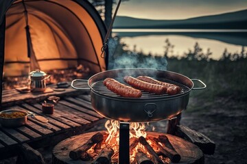 Carbecue at the campsite. Appetising meat sausages are fried. Camping tent on background - obrazy, fototapety, plakaty