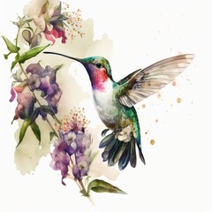 drawing of hummingbird and flowers watercolor background Generative AI - obrazy, fototapety, plakaty