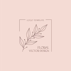 Vector feminine floral emblem. Elegant  logo design with linear branch and frame.Modern botanical badge in trendy minimalist style.Branding design template.