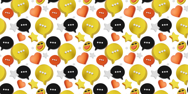 3d seamless pattern of speech bubble and emoji on white color background with star and heart. 3d design of social media illustration for banner