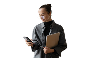 Business woman using phone and laptop, transparent background, png, isolated.