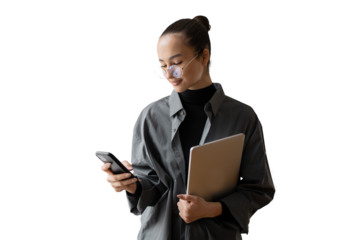 Business woman using phone and laptop, transparent background, png, isolated.