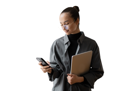 Business woman using phone and laptop, transparent background, png, isolated.