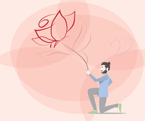 Man giving rose in vector style. Valentine's day