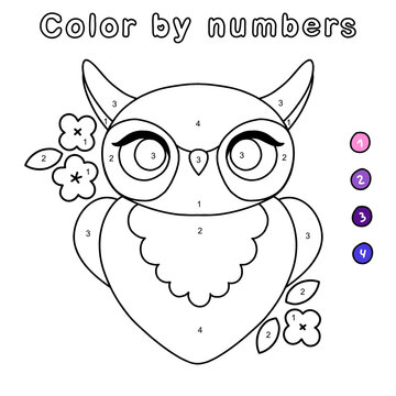 Cute owl with flowers. Simple color by numbers worksheet for kids. Black and white line vector illustration. Ready to print coloring page.