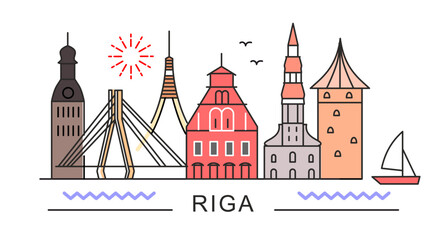 city of Riga in outline style on white. Landmarks sign with inscription.