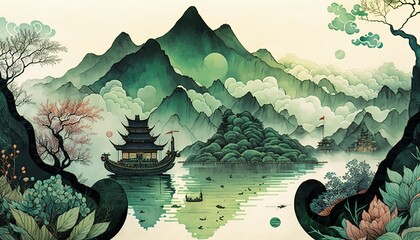 Lake and mountain landscape in chinese style background.In traditional oriental, minimalistic Japanese style. AI
