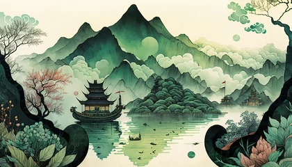 Poster Im Rahmen Lake and mountain landscape in chinese style background.In traditional oriental, minimalistic Japanese style. AI © Zaleman